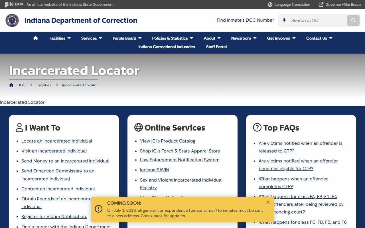 Rush County inmate population state prison lookup through IDOC
